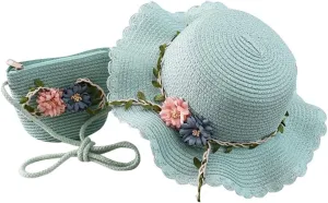2 to 8 Age Girls Stra𝐰 Sun Hat Flower Beach Tourism Hat with Bag Summer Outdoor Wide Brim Bucket Hats for