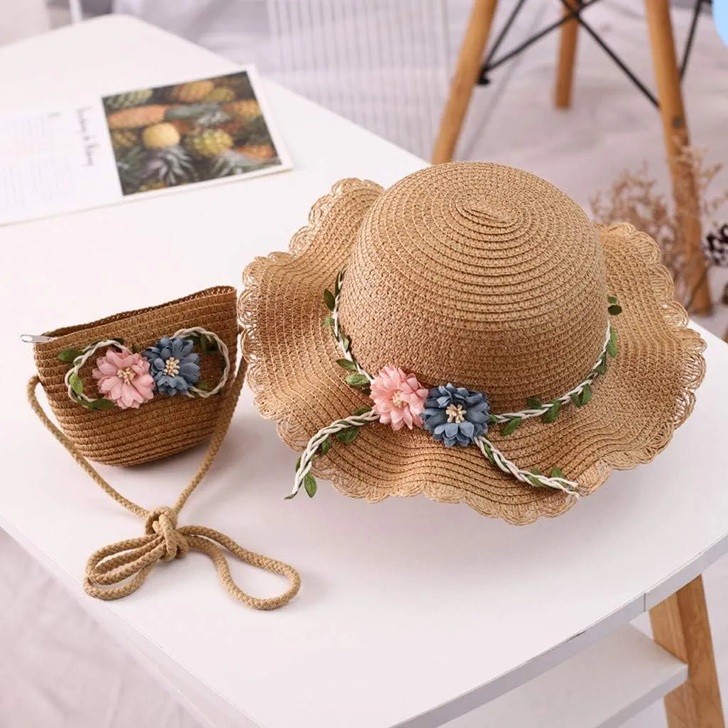 2 to 8 Age Girls Stra𝐰 Sun Hat Flower Beach Tourism Hat with Bag Summer Outdoor Wide Brim Bucket Hats for