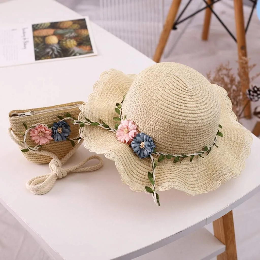 2 to 8 Age Girls Stra𝐰 Sun Hat Flower Beach Tourism Hat with Bag Summer Outdoor Wide Brim Bucket Hats for