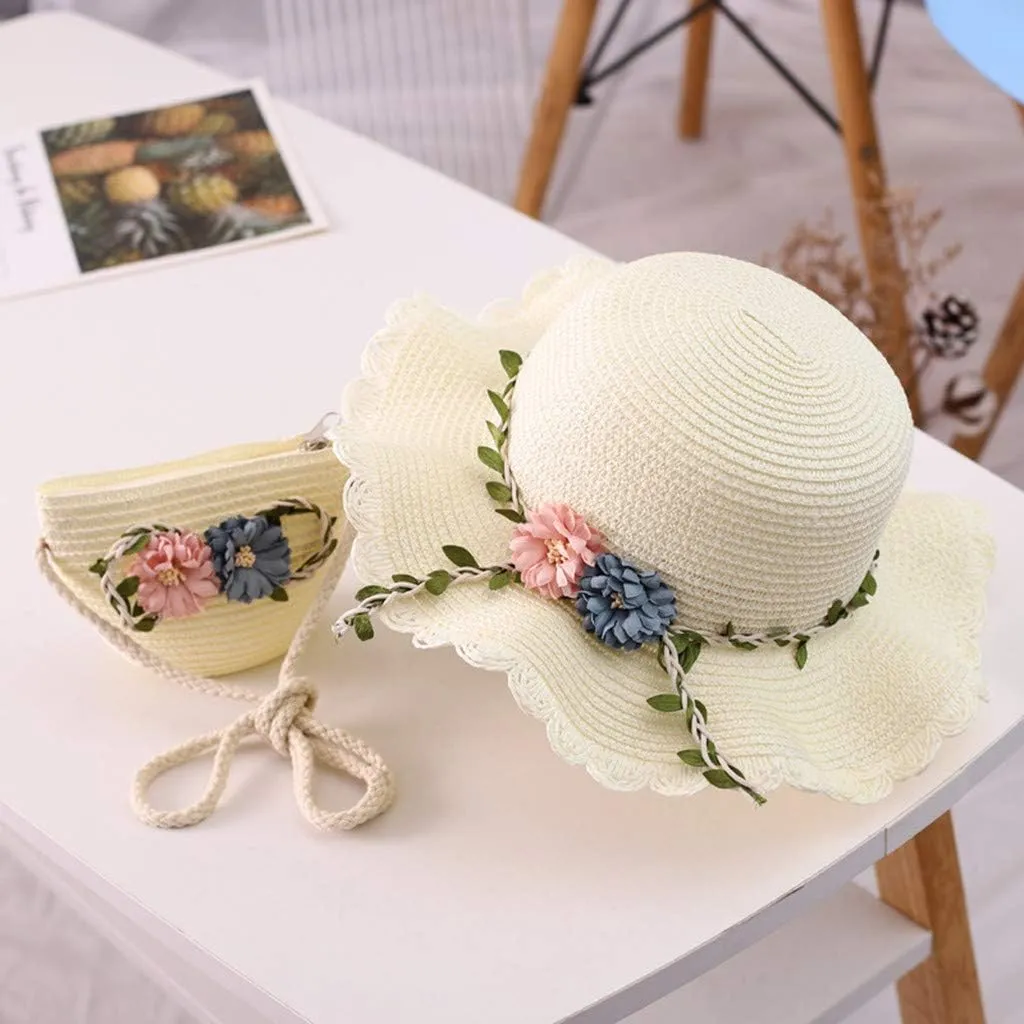 2 to 8 Age Girls Stra𝐰 Sun Hat Flower Beach Tourism Hat with Bag Summer Outdoor Wide Brim Bucket Hats for