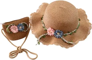 2 to 8 Age Girls Stra𝐰 Sun Hat Flower Beach Tourism Hat with Bag Summer Outdoor Wide Brim Bucket Hats for