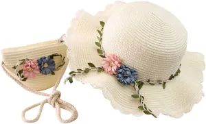2 to 8 Age Girls Stra𝐰 Sun Hat Flower Beach Tourism Hat with Bag Summer Outdoor Wide Brim Bucket Hats for