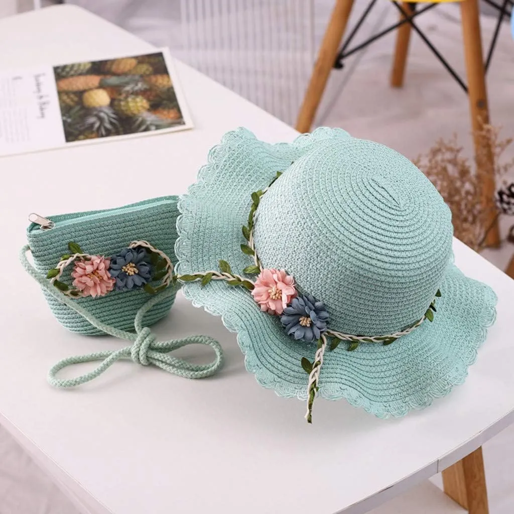 2 to 8 Age Girls Stra𝐰 Sun Hat Flower Beach Tourism Hat with Bag Summer Outdoor Wide Brim Bucket Hats for