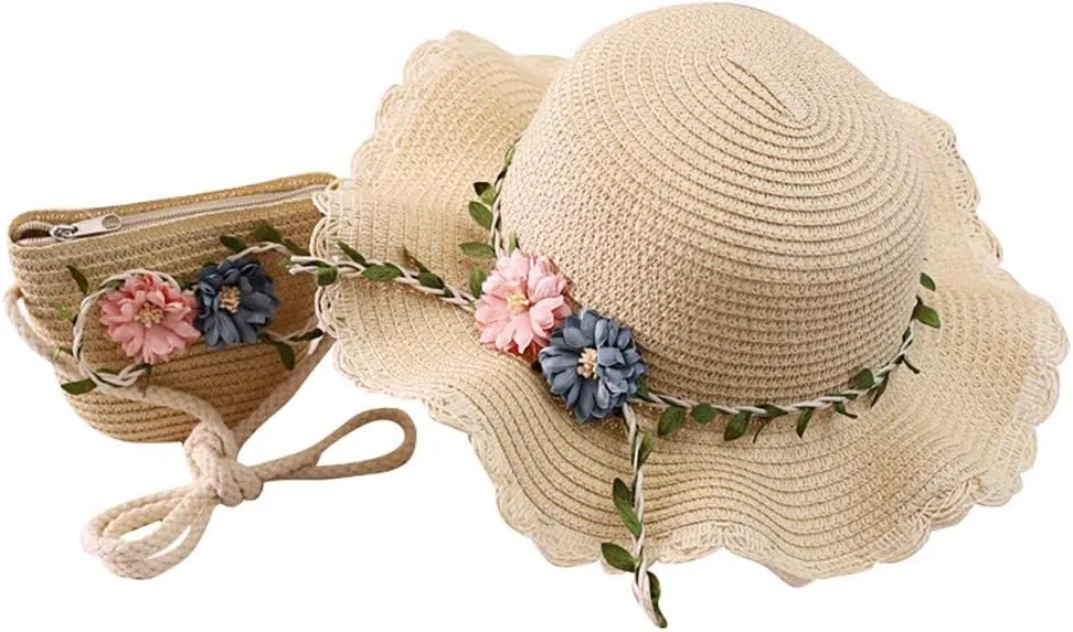 2 to 8 Age Girls Stra𝐰 Sun Hat Flower Beach Tourism Hat with Bag Summer Outdoor Wide Brim Bucket Hats for