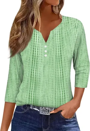 3/4 Length Sleeve Womens Tops Henley Neck 2025 Summer Shirts Three Quarter Sleeve Petite Tshirts