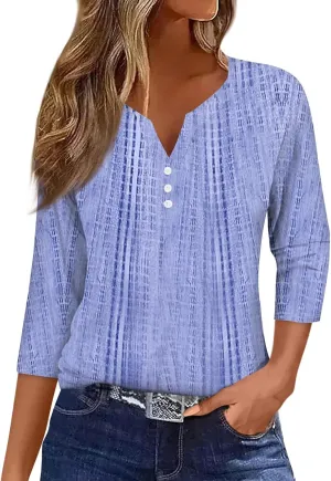 3/4 Length Sleeve Womens Tops Henley Neck 2025 Summer Shirts Three Quarter Sleeve Petite Tshirts