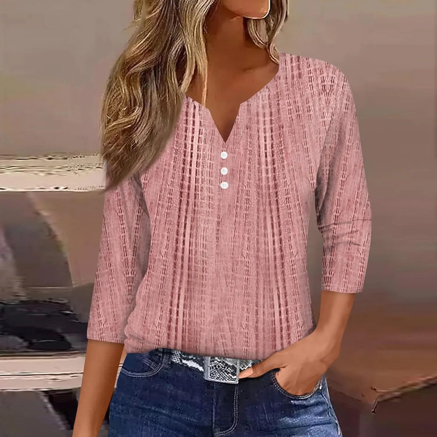 3/4 Length Sleeve Womens Tops Henley Neck 2025 Summer Shirts Three Quarter Sleeve Petite Tshirts