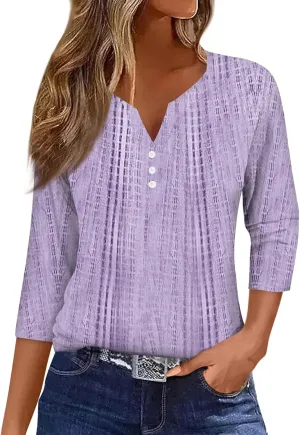 3/4 Length Sleeve Womens Tops Henley Neck 2025 Summer Shirts Three Quarter Sleeve Petite Tshirts