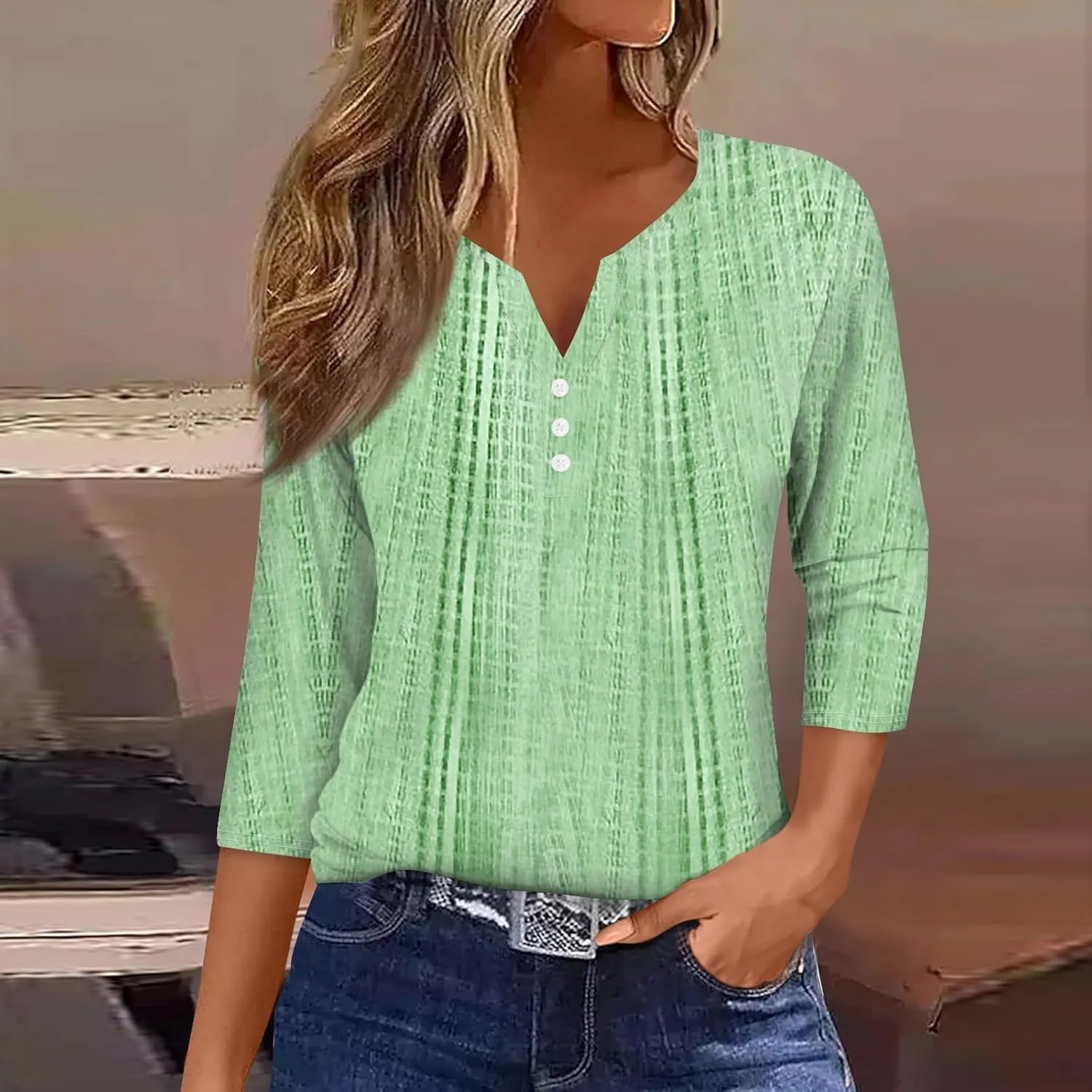 3/4 Length Sleeve Womens Tops Henley Neck 2025 Summer Shirts Three Quarter Sleeve Petite Tshirts