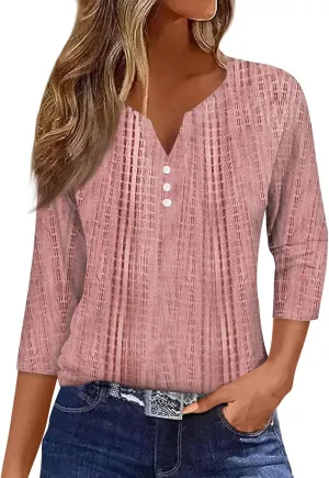 3/4 Length Sleeve Womens Tops Henley Neck 2025 Summer Shirts Three Quarter Sleeve Petite Tshirts