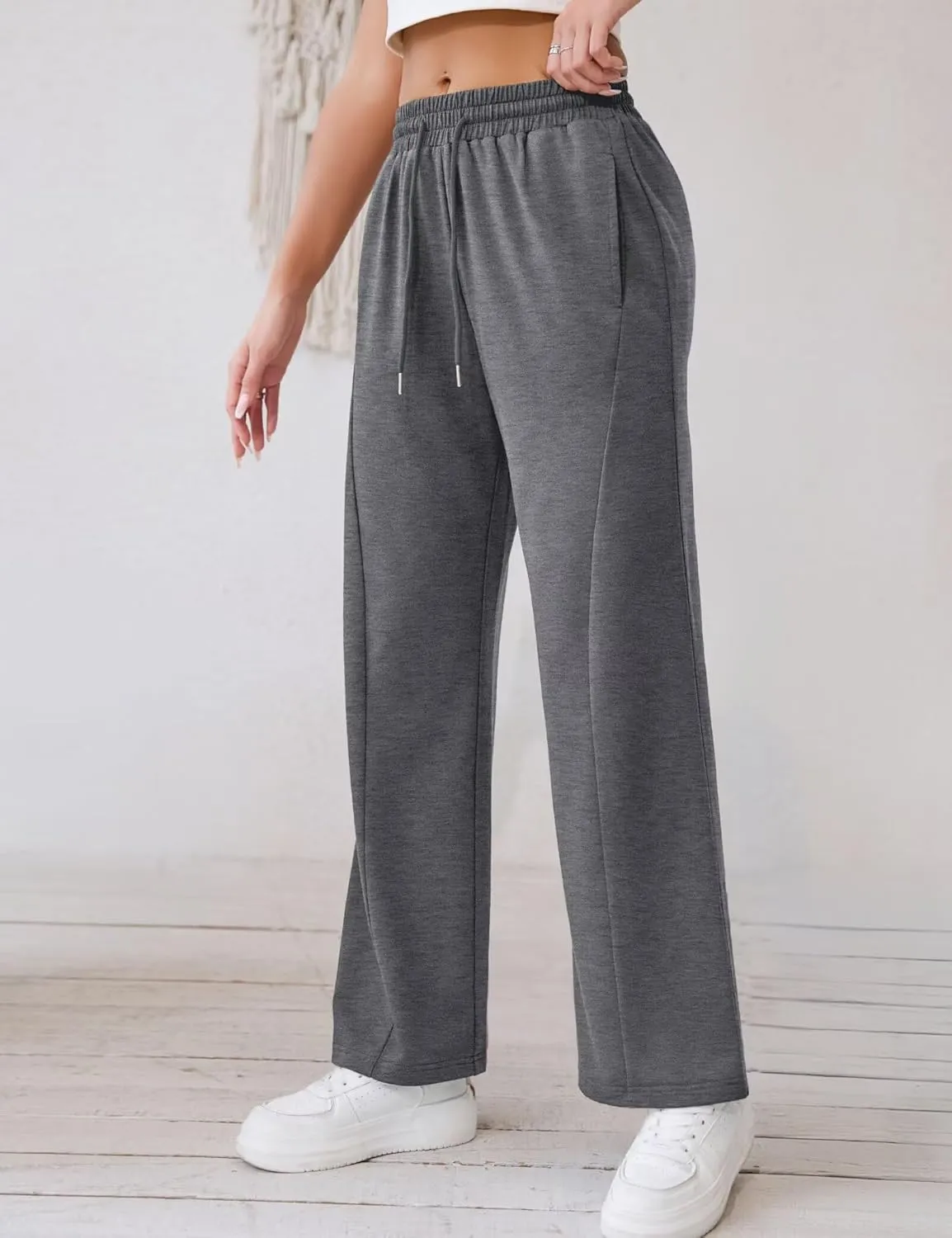 Ahlaray Women's Wide Leg Sweatpants Drawstring Elastic High Waisted Yoga Pants with Pockets M-3XL