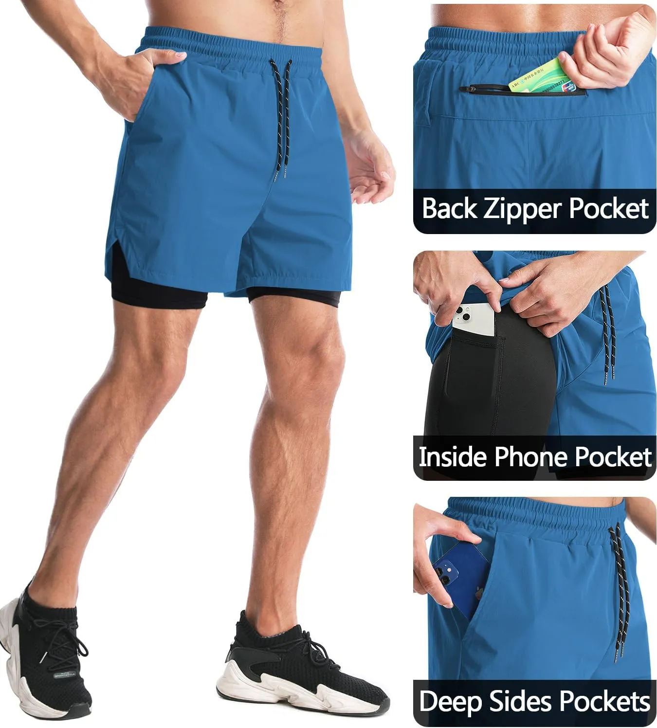 Aolesy Men's 2 in 1 Running Shorts - 5" Workout Gym Athletic Shorts Quick Dry Lightweight Training Shorts with Pockets