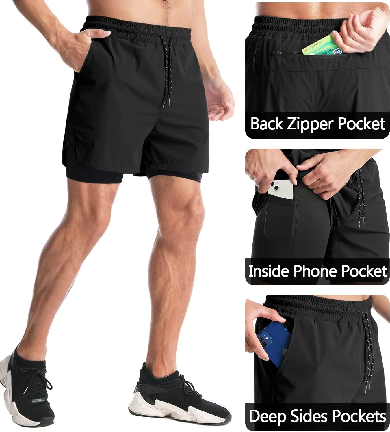 Aolesy Men's 2 in 1 Running Shorts - 5" Workout Gym Athletic Shorts Quick Dry Lightweight Training Shorts with Pockets