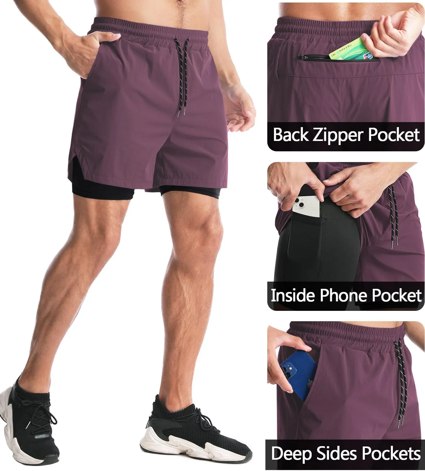 Aolesy Men's 2 in 1 Running Shorts - 5" Workout Gym Athletic Shorts Quick Dry Lightweight Training Shorts with Pockets