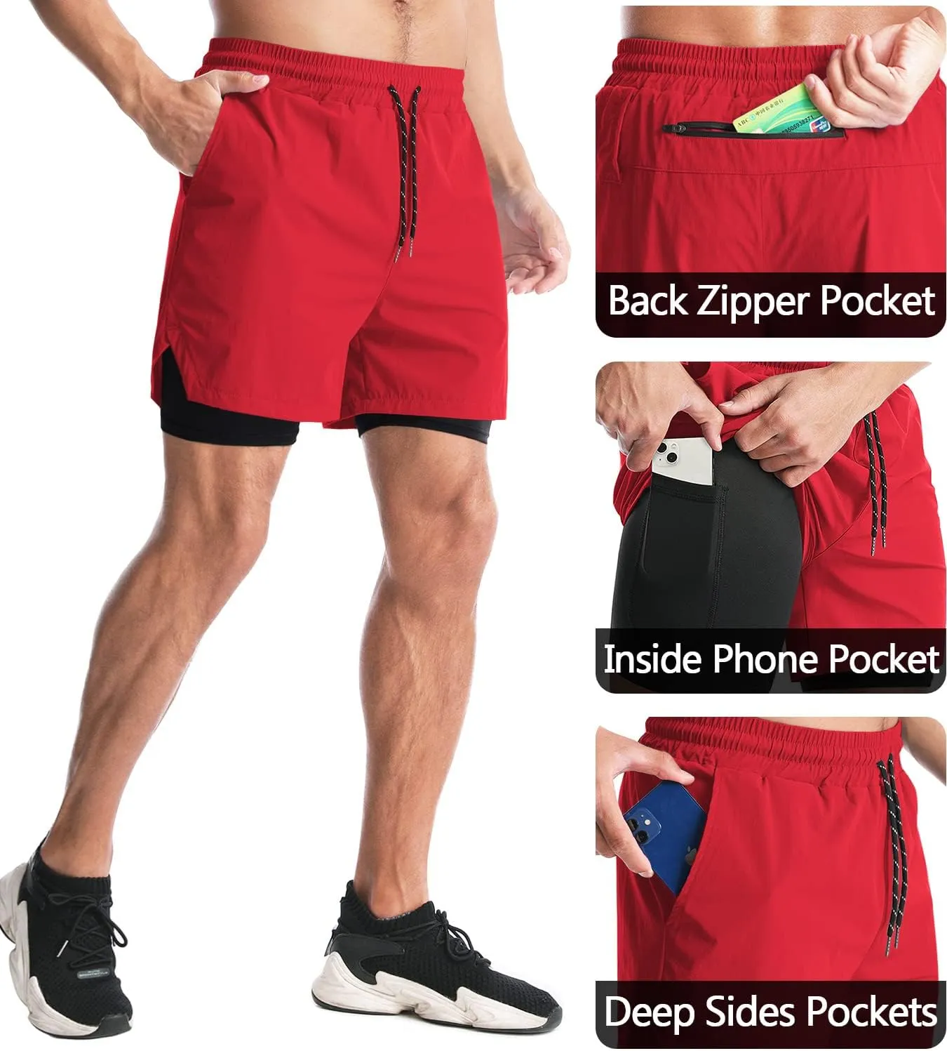 Aolesy Men's 2 in 1 Running Shorts - 5" Workout Gym Athletic Shorts Quick Dry Lightweight Training Shorts with Pockets