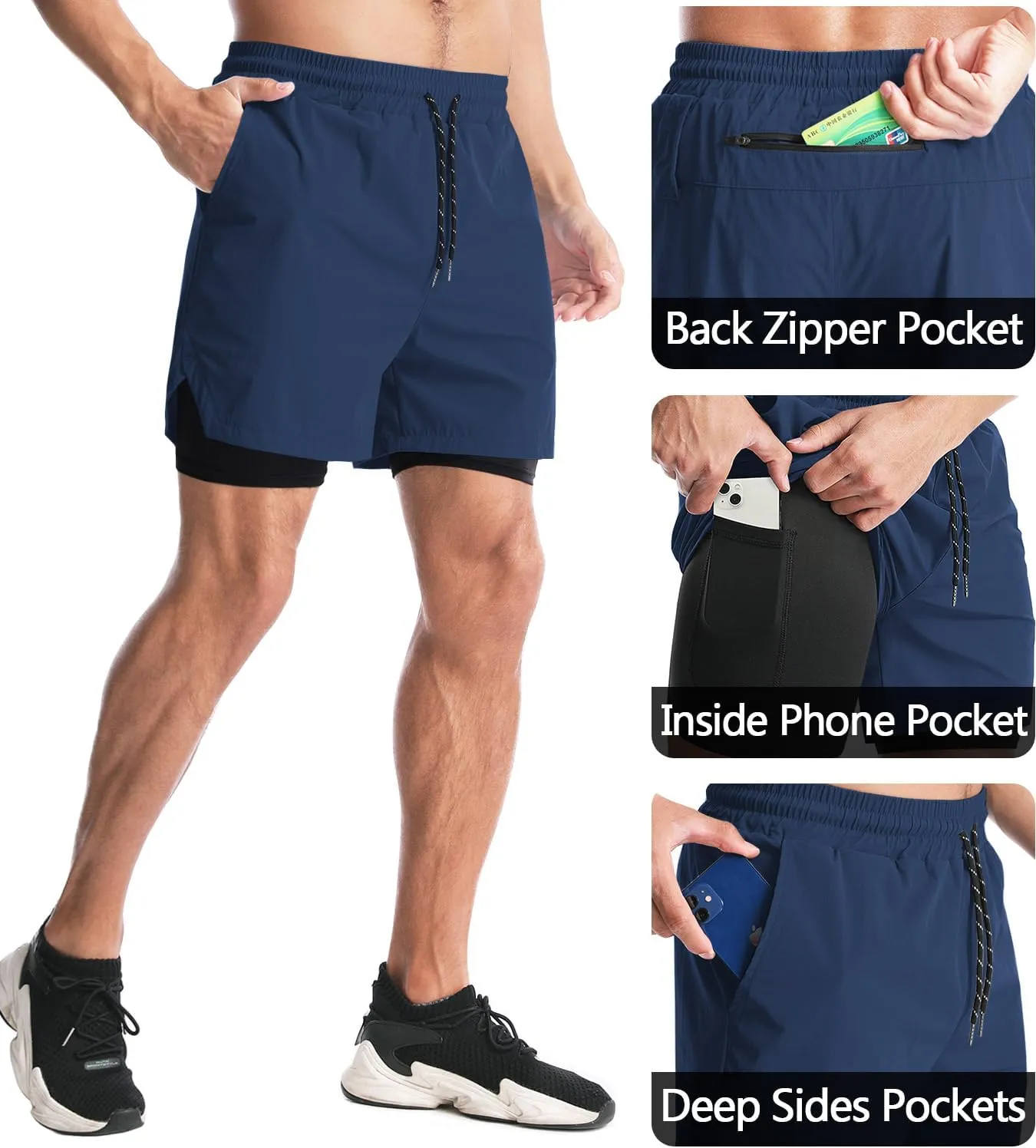 Aolesy Men's 2 in 1 Running Shorts - 5" Workout Gym Athletic Shorts Quick Dry Lightweight Training Shorts with Pockets