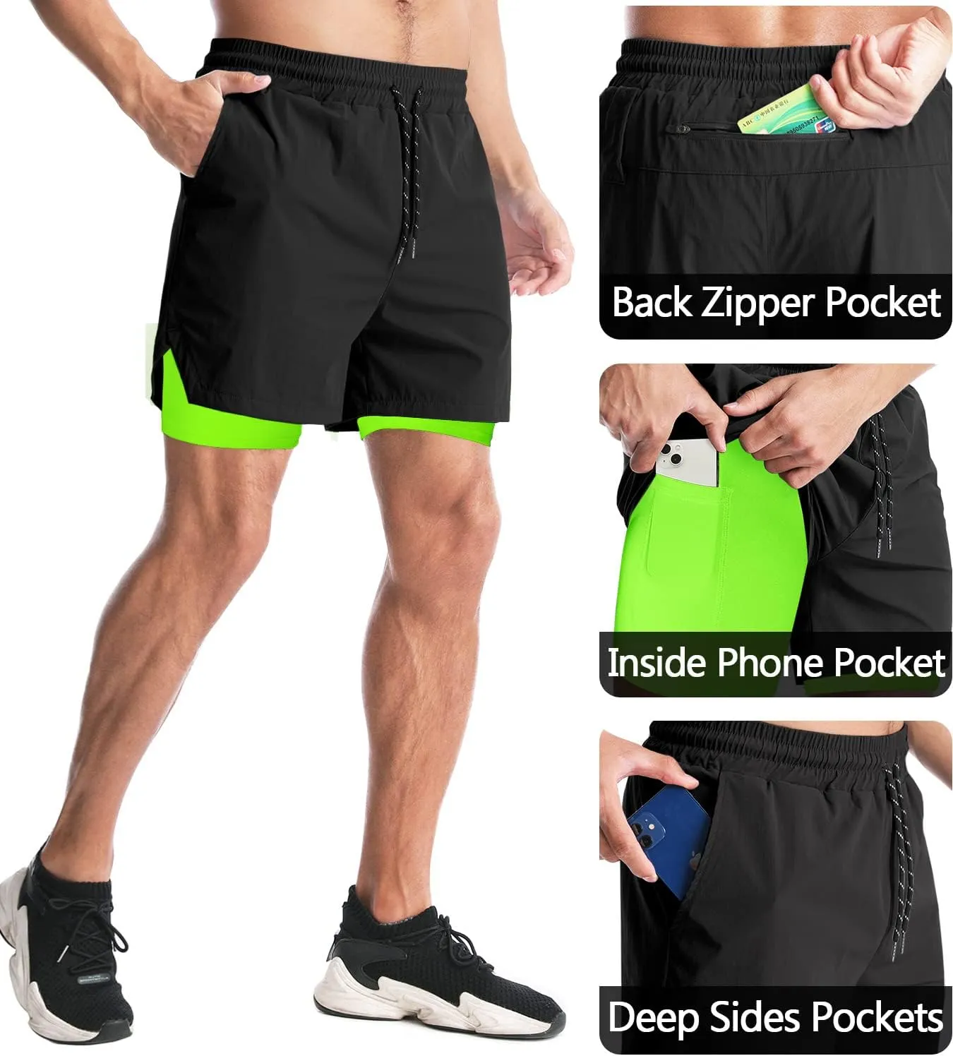 Aolesy Men's 2 in 1 Running Shorts - 5" Workout Gym Athletic Shorts Quick Dry Lightweight Training Shorts with Pockets