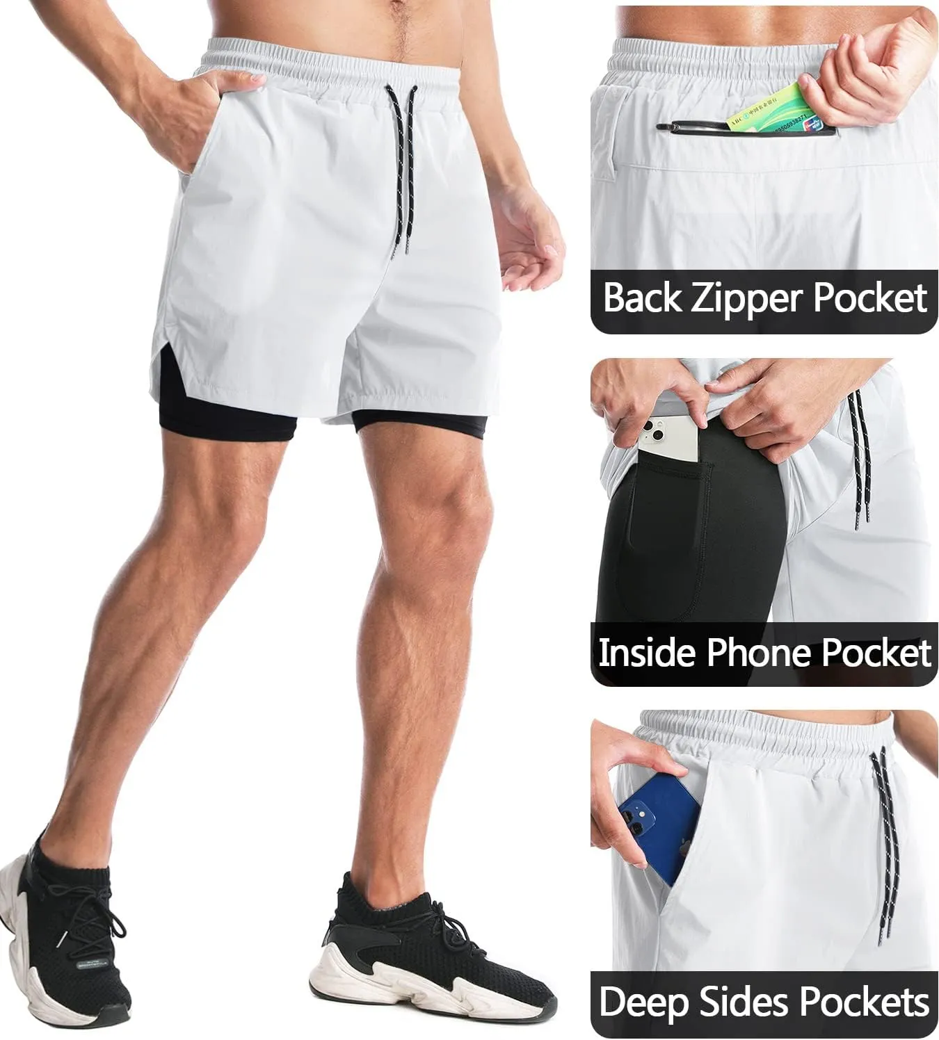 Aolesy Men's 2 in 1 Running Shorts - 5" Workout Gym Athletic Shorts Quick Dry Lightweight Training Shorts with Pockets