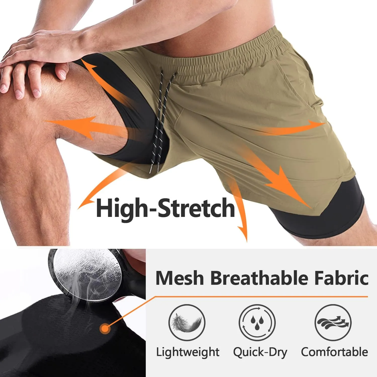 Aolesy Men's 2 in 1 Running Shorts - 5" Workout Gym Athletic Shorts Quick Dry Lightweight Training Shorts with Pockets