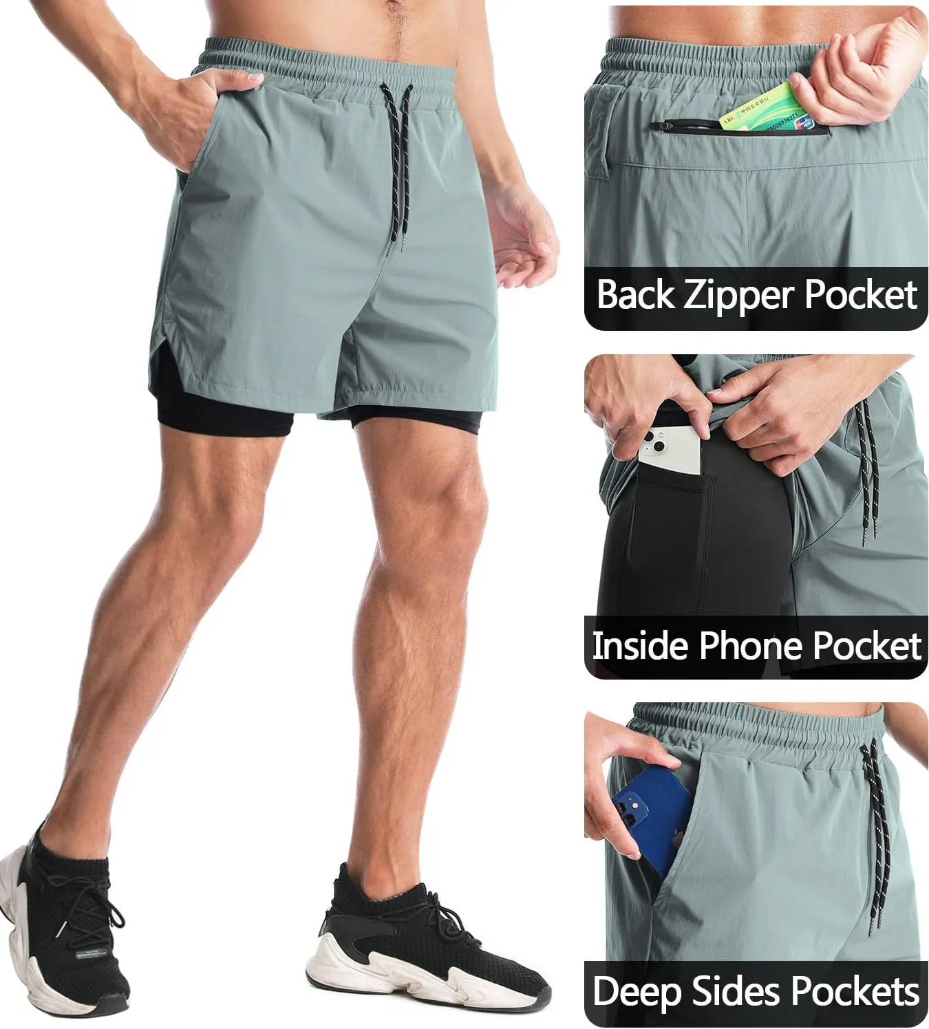 Aolesy Men's 2 in 1 Running Shorts - 5" Workout Gym Athletic Shorts Quick Dry Lightweight Training Shorts with Pockets