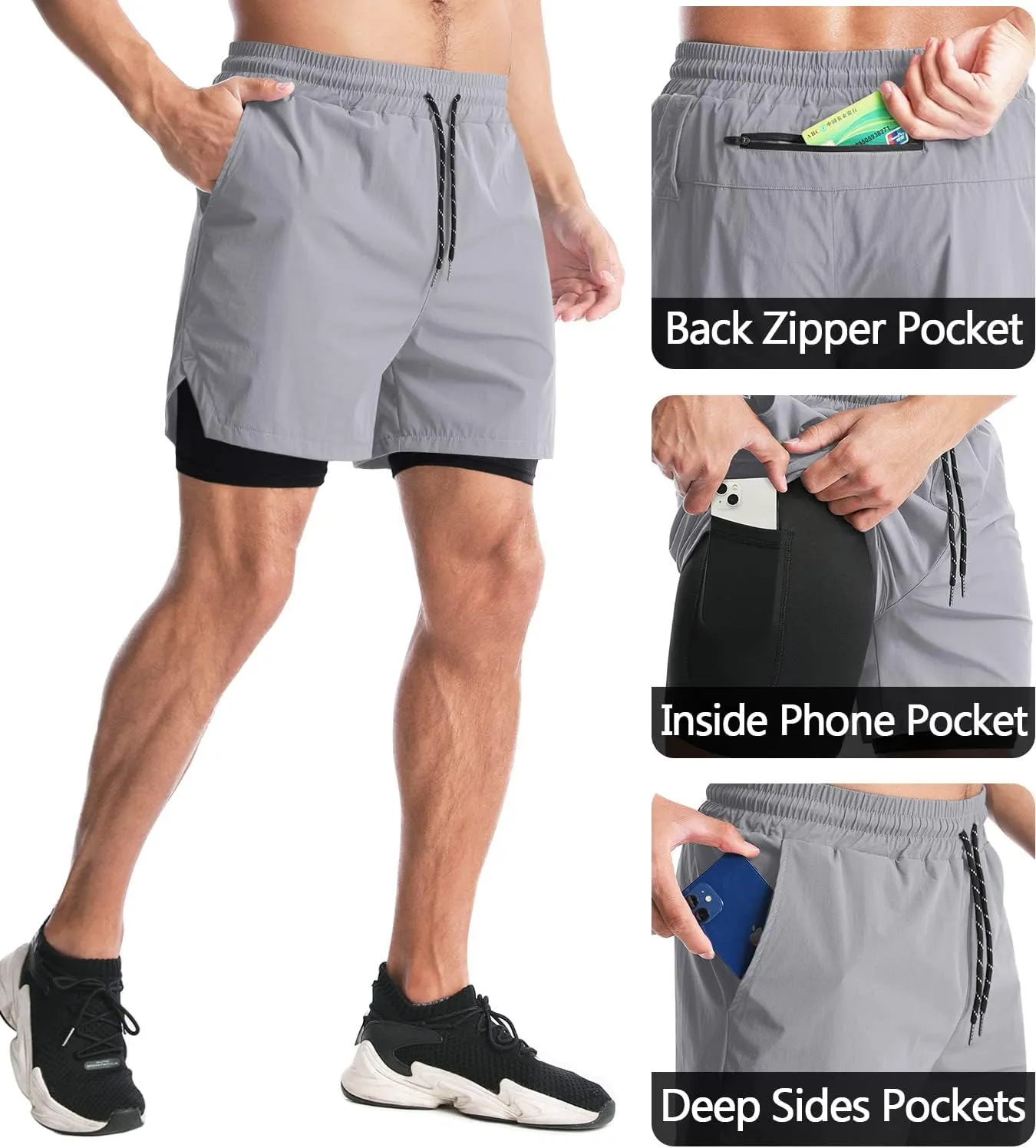 Aolesy Men's 2 in 1 Running Shorts - 5" Workout Gym Athletic Shorts Quick Dry Lightweight Training Shorts with Pockets
