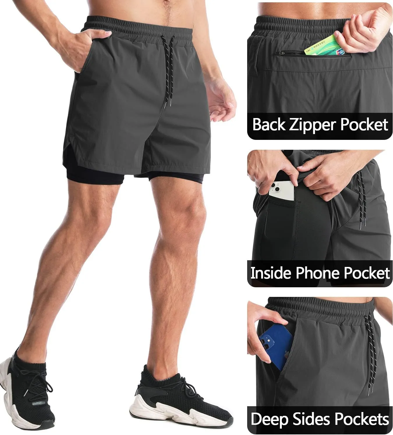 Aolesy Men's 2 in 1 Running Shorts - 5" Workout Gym Athletic Shorts Quick Dry Lightweight Training Shorts with Pockets