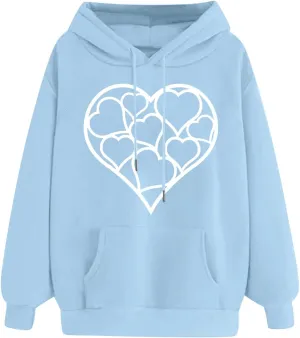 Autumn Fashion Hoodie for Women Heart Printed Long Sleeve Loose Pullover Sweatshirts Stylish Hoodies with Hood
