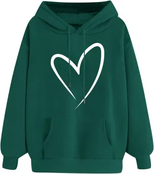 Autumn Fashion Hoodie for Women Heart Printed Long Sleeve Loose Pullover Sweatshirts Stylish Hoodies with Hood