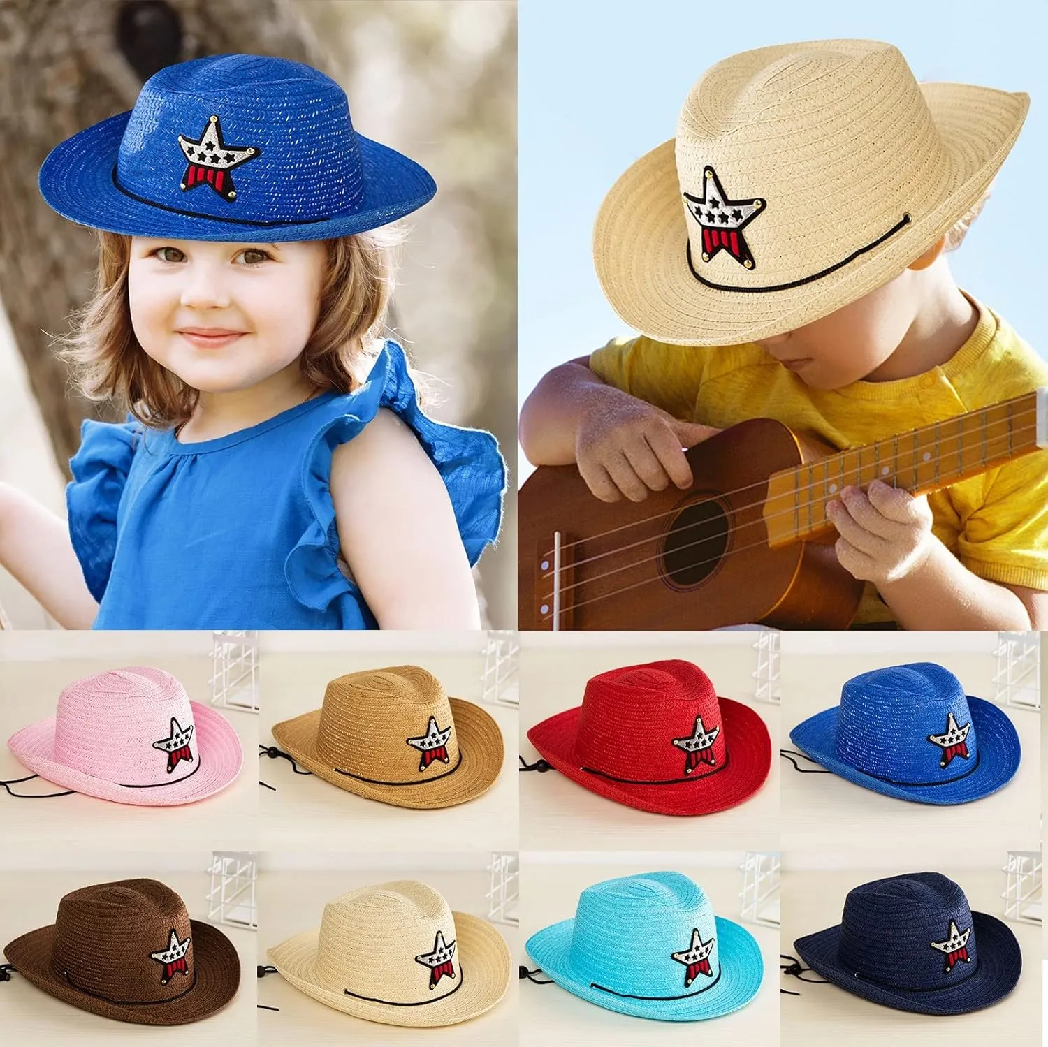Baby Strawhat Sun Hat Summer Toddler Visor Cowboy Hat UPF 50  Sun Protective Kids Beach Hats for Girls Boys