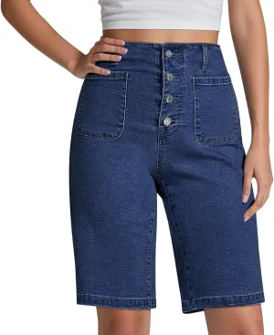 Bermuda Jean Shorts for Women High Waisted Trendy Stretchy Denim Shorts Knee Length Cropped Loose Fit Long Short