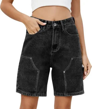 Bermuda Jean Shorts for Women High Waisted Trendy Stretchy Denim Shorts Knee Length Cropped Loose Fit Long Short