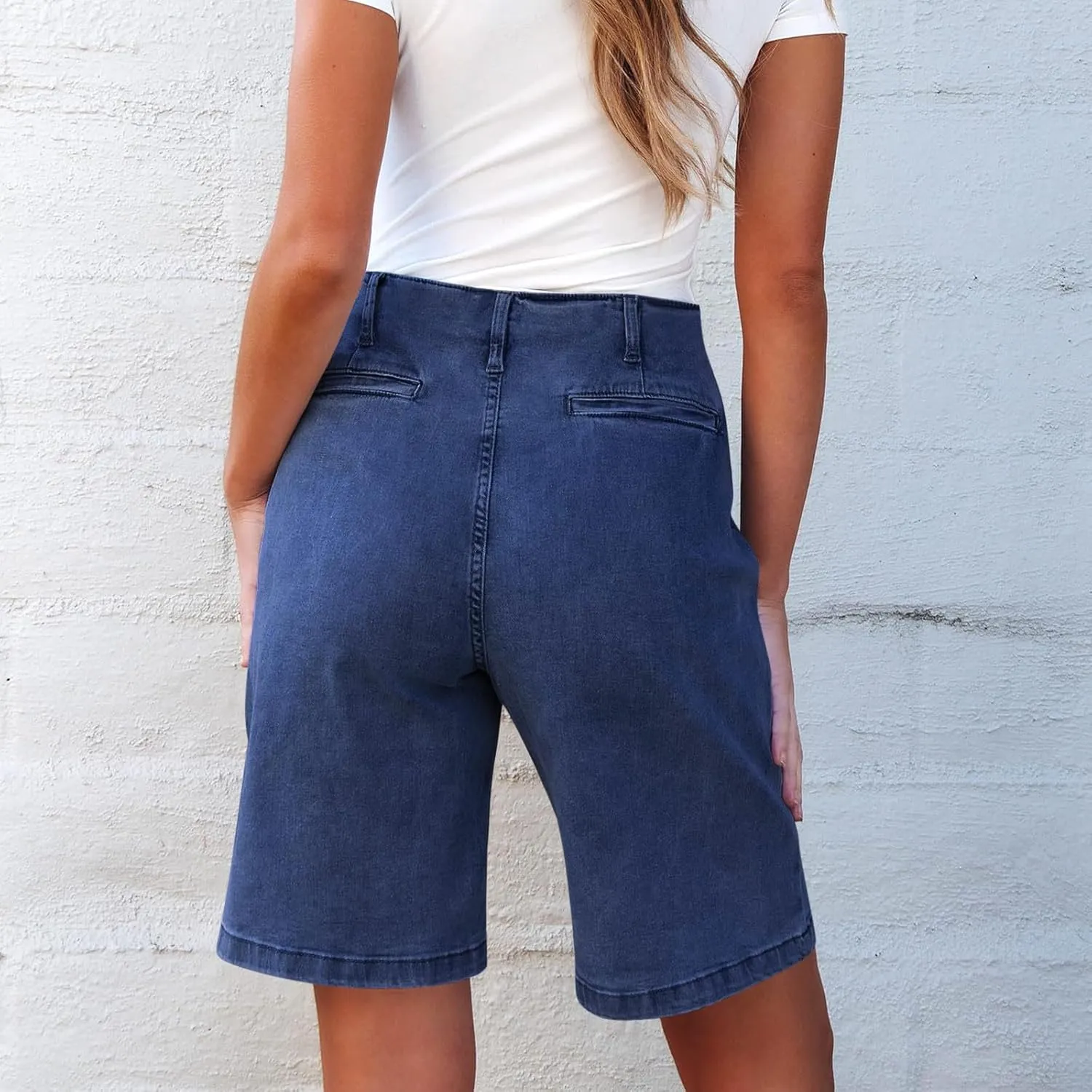 Bermuda Jean Shorts for Women High Waisted Trendy Stretchy Denim Shorts Knee Length Cropped Loose Fit Long Short