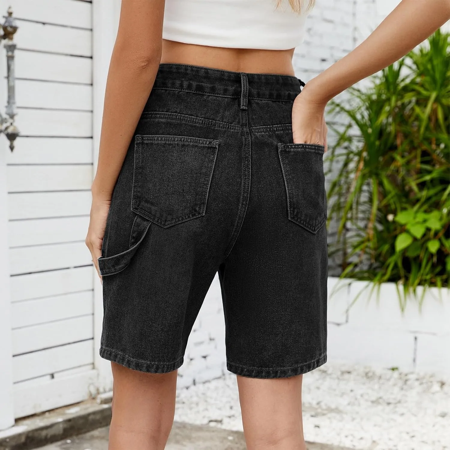 Bermuda Jean Shorts for Women High Waisted Trendy Stretchy Denim Shorts Knee Length Cropped Loose Fit Long Short