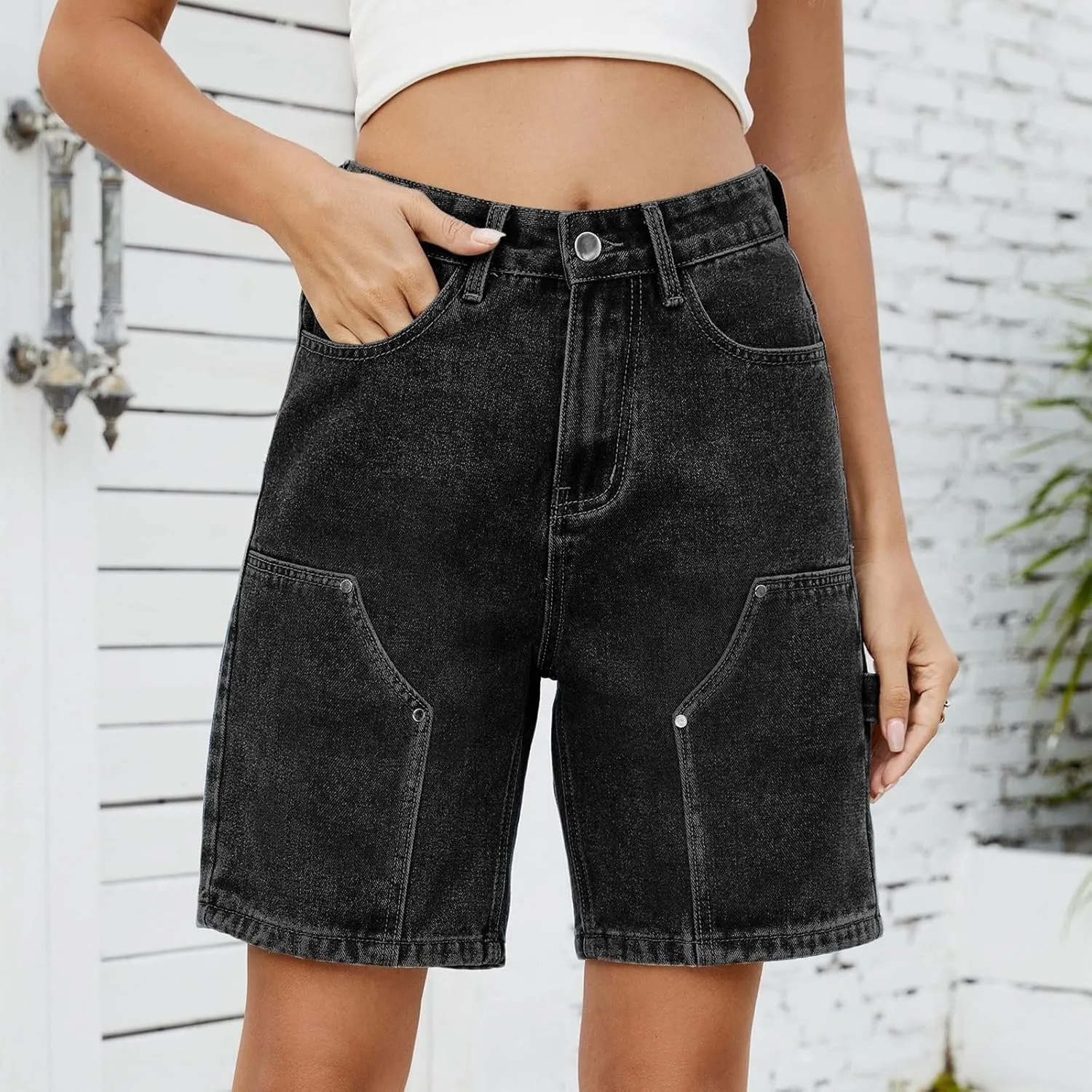 Bermuda Jean Shorts for Women High Waisted Trendy Stretchy Denim Shorts Knee Length Cropped Loose Fit Long Short