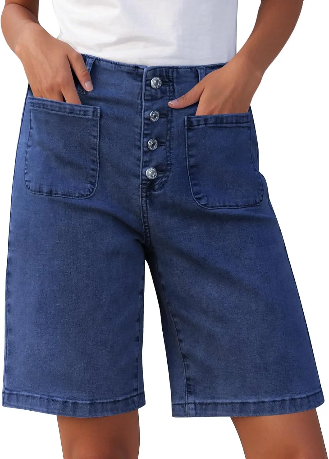 Bermuda Jean Shorts for Women High Waisted Trendy Stretchy Denim Shorts Knee Length Cropped Loose Fit Long Short