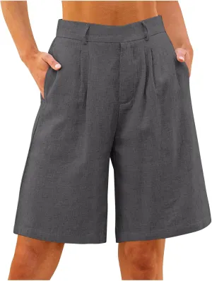 Bermuda Shorts for Women Cotton Linen Wide Leg High Waisted Dressy Casual Long Shorts with Pockets for Beach Vacation
