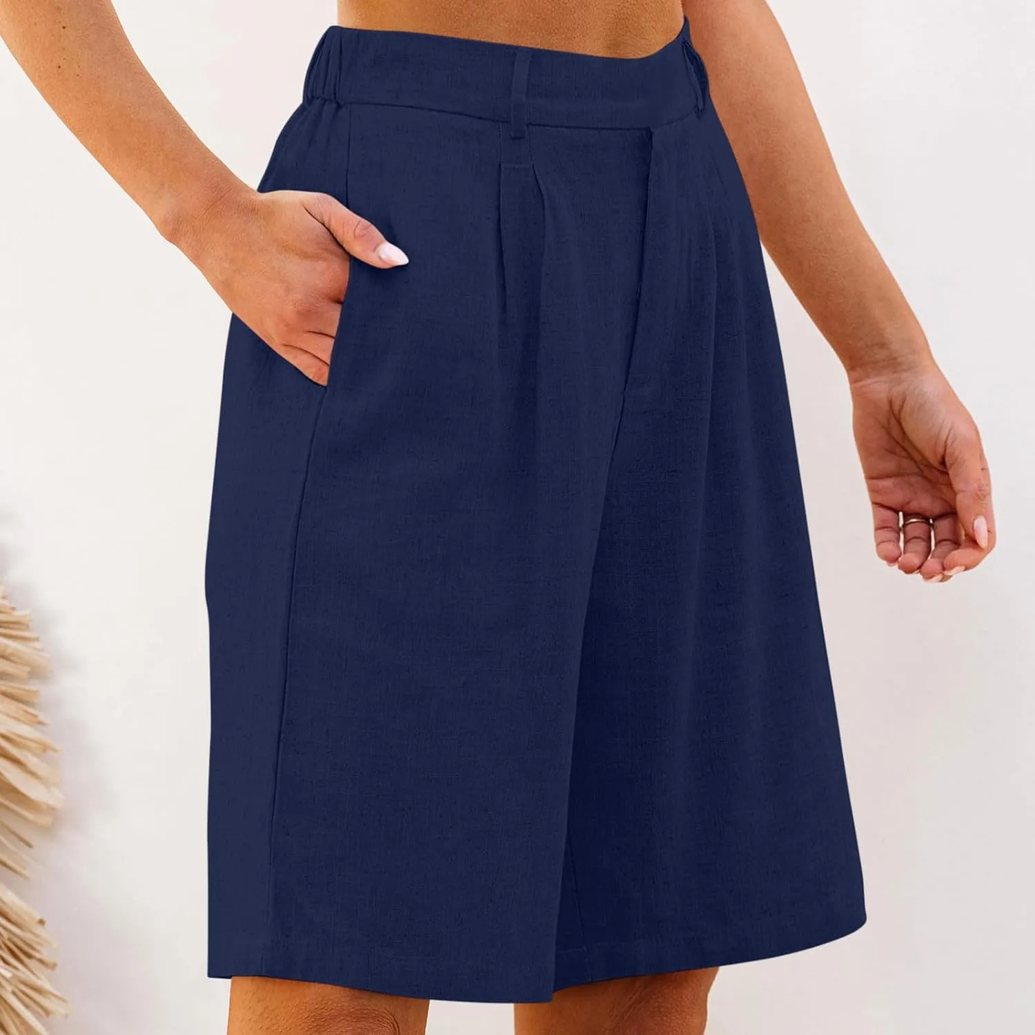 Bermuda Shorts for Women Cotton Linen Wide Leg High Waisted Dressy Casual Long Shorts with Pockets for Beach Vacation