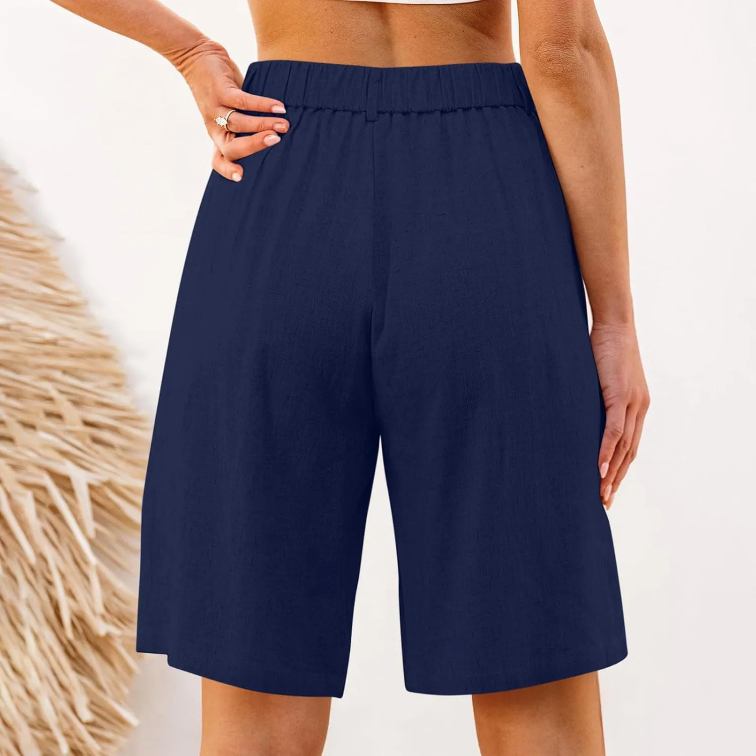 Bermuda Shorts for Women Cotton Linen Wide Leg High Waisted Dressy Casual Long Shorts with Pockets for Beach Vacation
