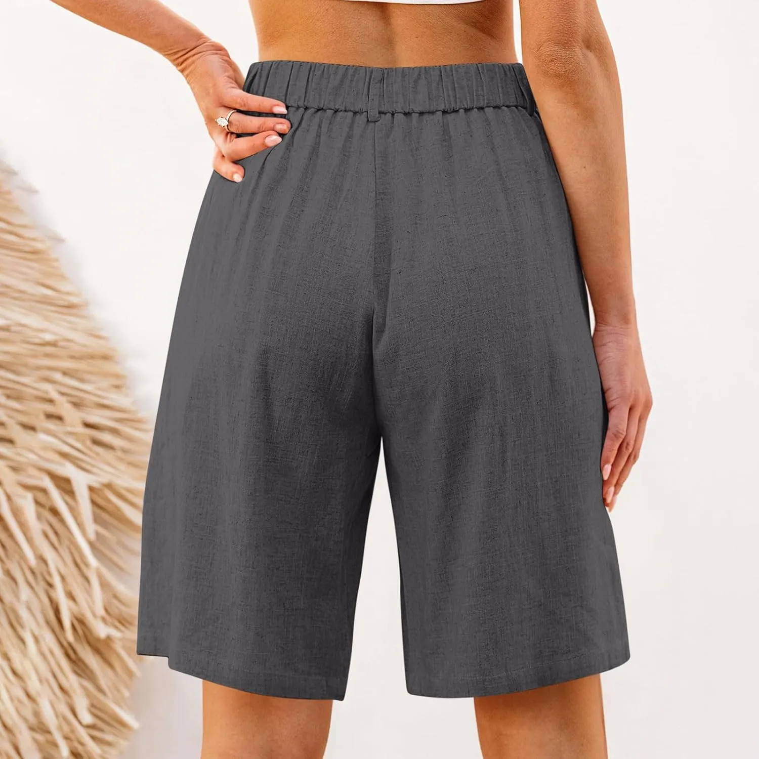 Bermuda Shorts for Women Cotton Linen Wide Leg High Waisted Dressy Casual Long Shorts with Pockets for Beach Vacation