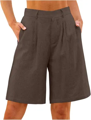 Bermuda Shorts for Women Cotton Linen Wide Leg High Waisted Dressy Casual Long Shorts with Pockets for Beach Vacation