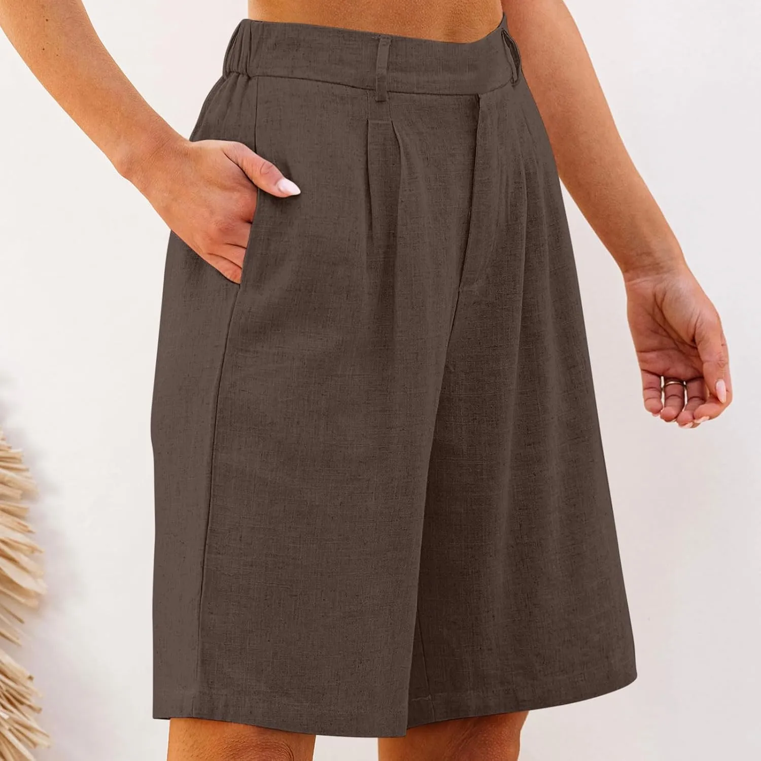 Bermuda Shorts for Women Cotton Linen Wide Leg High Waisted Dressy Casual Long Shorts with Pockets for Beach Vacation