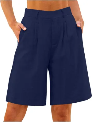 Bermuda Shorts for Women Cotton Linen Wide Leg High Waisted Dressy Casual Long Shorts with Pockets for Beach Vacation