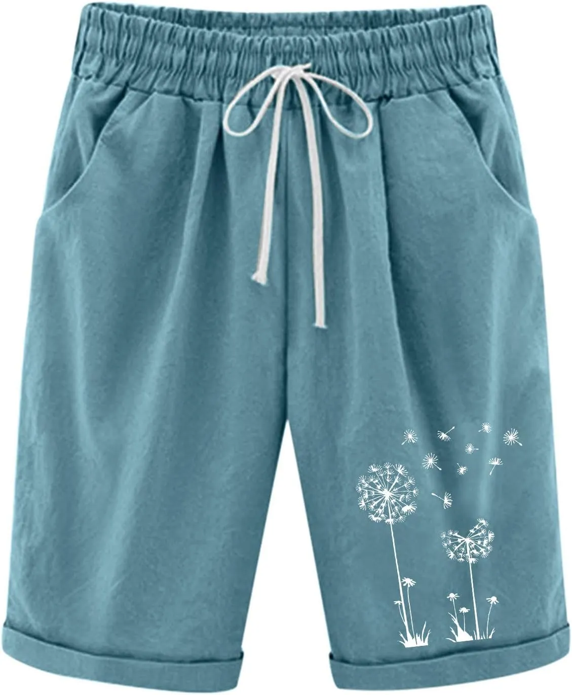 Bermuda Shorts for Women High Waisted Cotton Linen Elastic Drawstring Summer Shorts Casual Loose Fit Dandelion Print