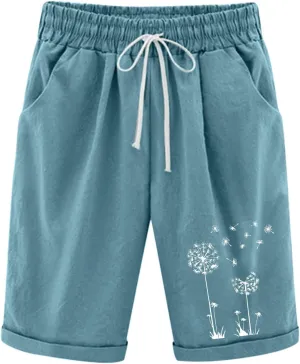 Bermuda Shorts for Women High Waisted Cotton Linen Elastic Drawstring Summer Shorts Casual Loose Fit Dandelion Print