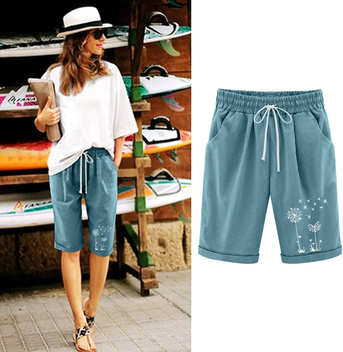 Bermuda Shorts for Women High Waisted Cotton Linen Elastic Drawstring Summer Shorts Casual Loose Fit Dandelion Print
