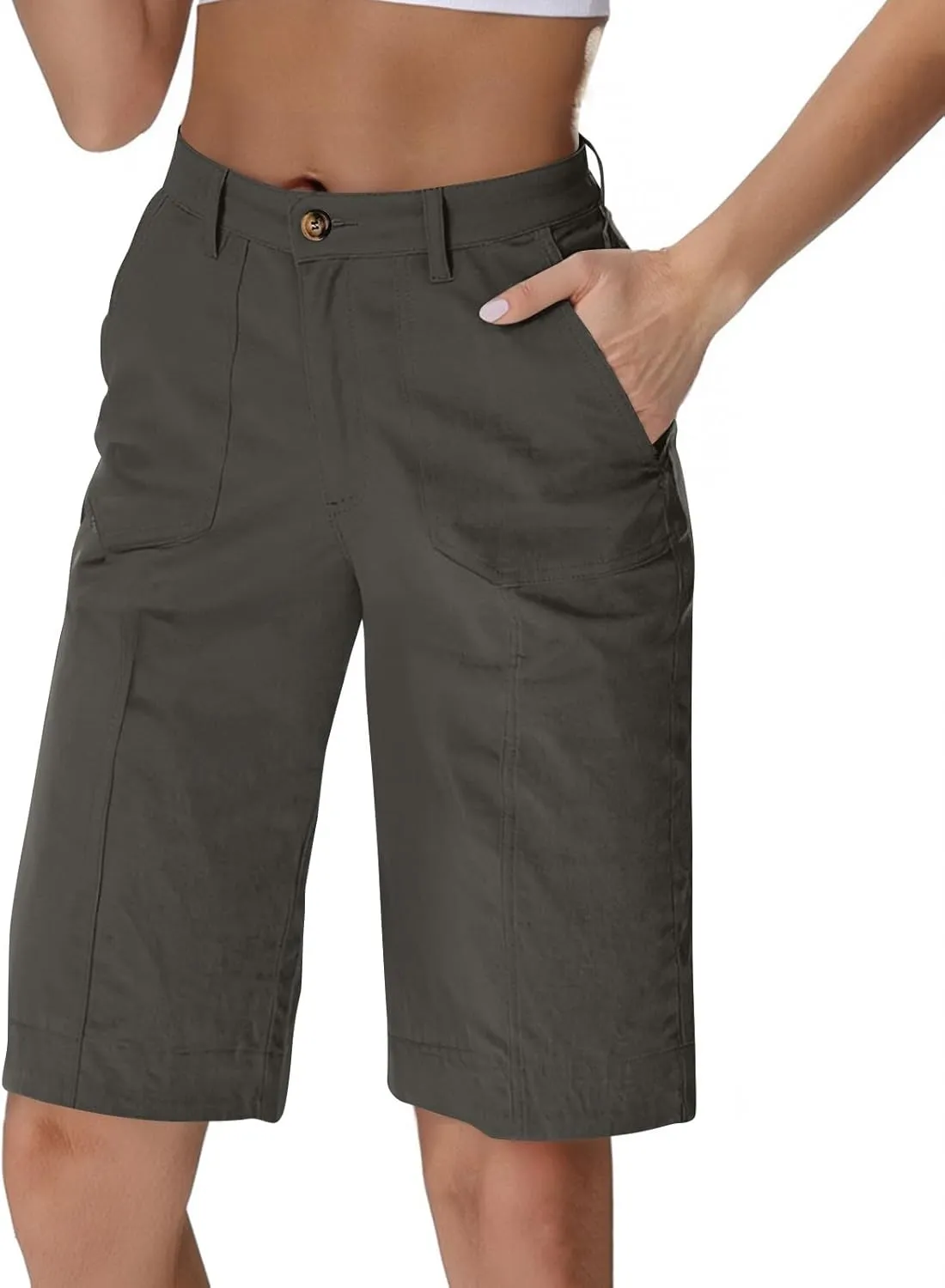 Bermuda Shorts for Women Knee Length High Waisted Chino Shorts Casual Summer Long Wide Leg Baggy Jorts with Pockets