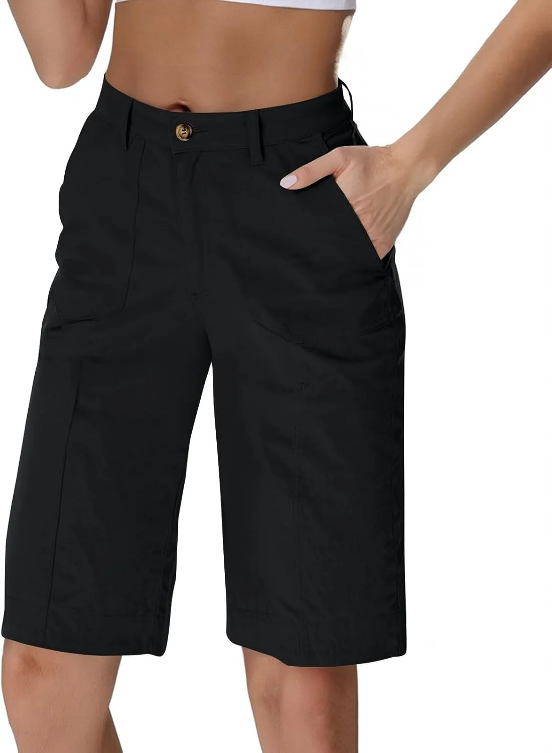 Bermuda Shorts for Women Knee Length High Waisted Chino Shorts Casual Summer Long Wide Leg Baggy Jorts with Pockets