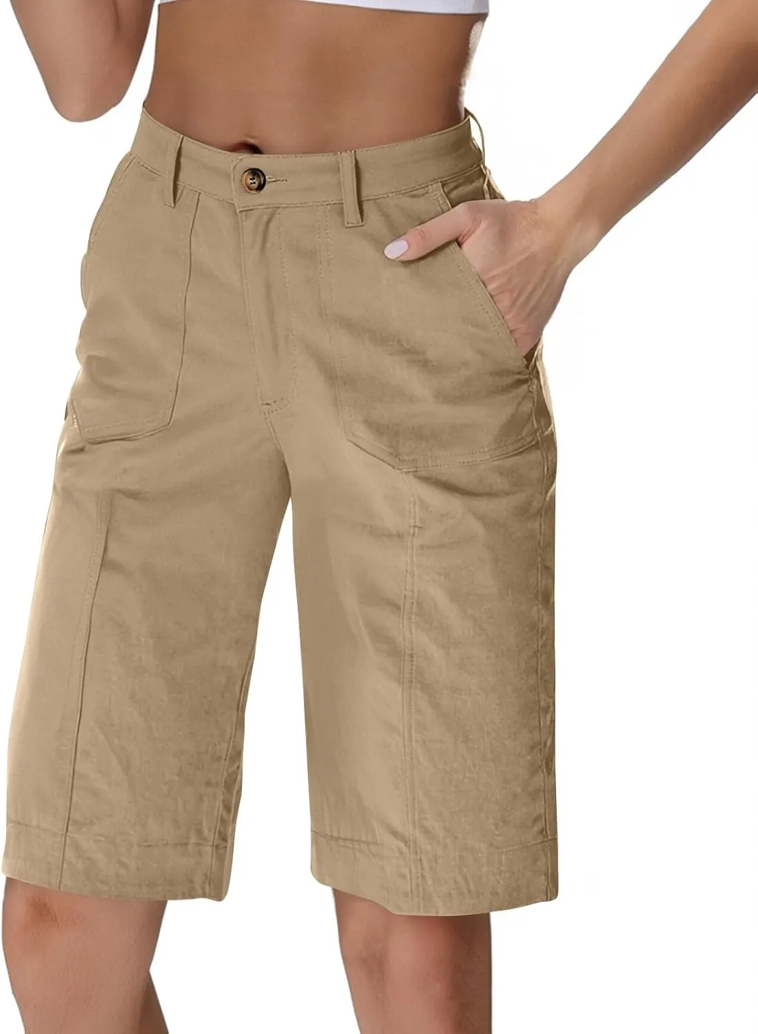 Bermuda Shorts for Women Knee Length High Waisted Chino Shorts Casual Summer Long Wide Leg Baggy Jorts with Pockets
