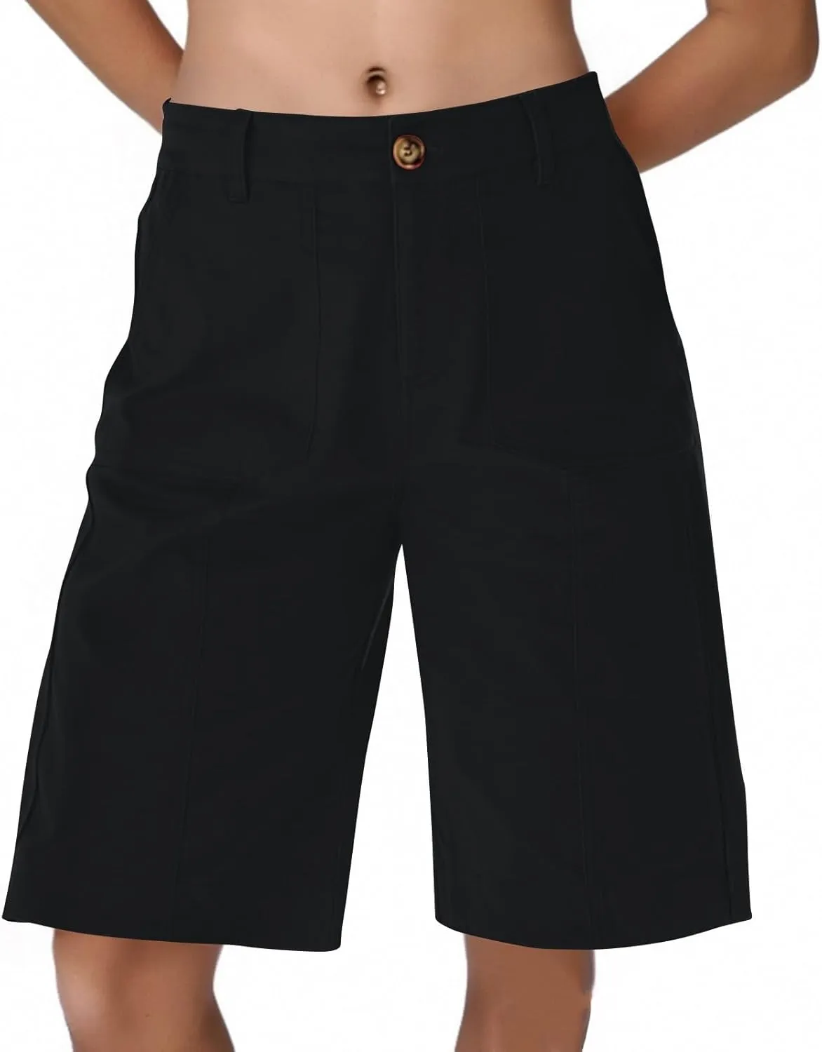 Bermuda Shorts for Women Knee Length High Waisted Chino Shorts Casual Summer Long Wide Leg Baggy Jorts with Pockets