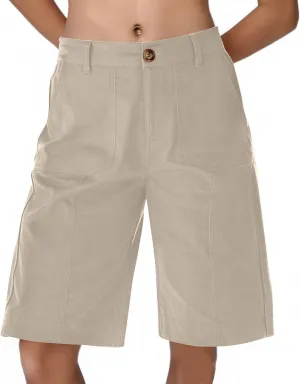 Bermuda Shorts for Women Knee Length High Waisted Chino Shorts Casual Summer Long Wide Leg Baggy Jorts with Pockets